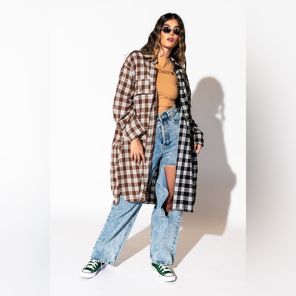 LALA ORIGINAL: Zuri Oversized Grunge Flannel in Half + Half Mocha and Black